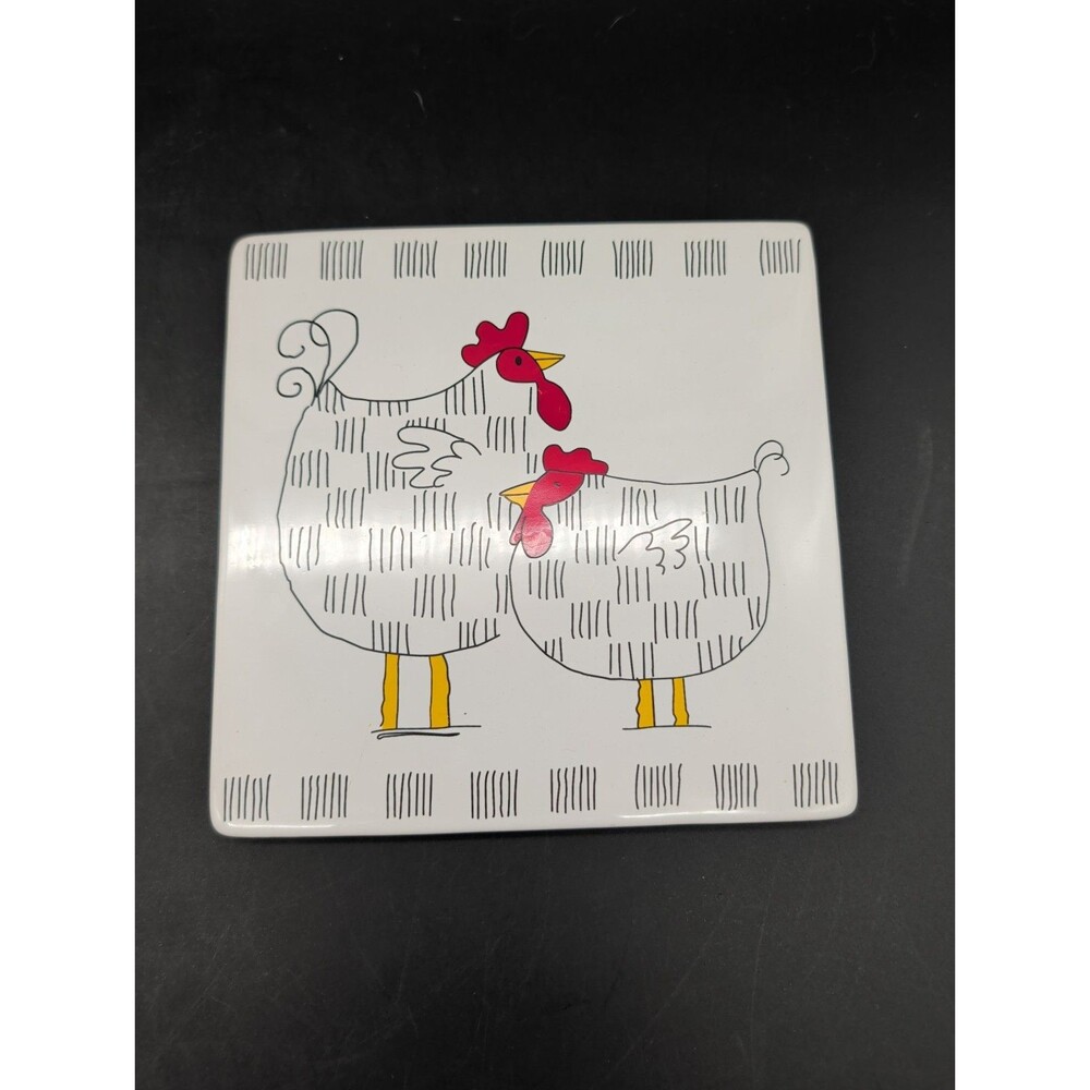 Vintage Blue Sky Fat Chickens Ceramic Trivet Tile Folk Art Rooster Hot Pad 6.5"